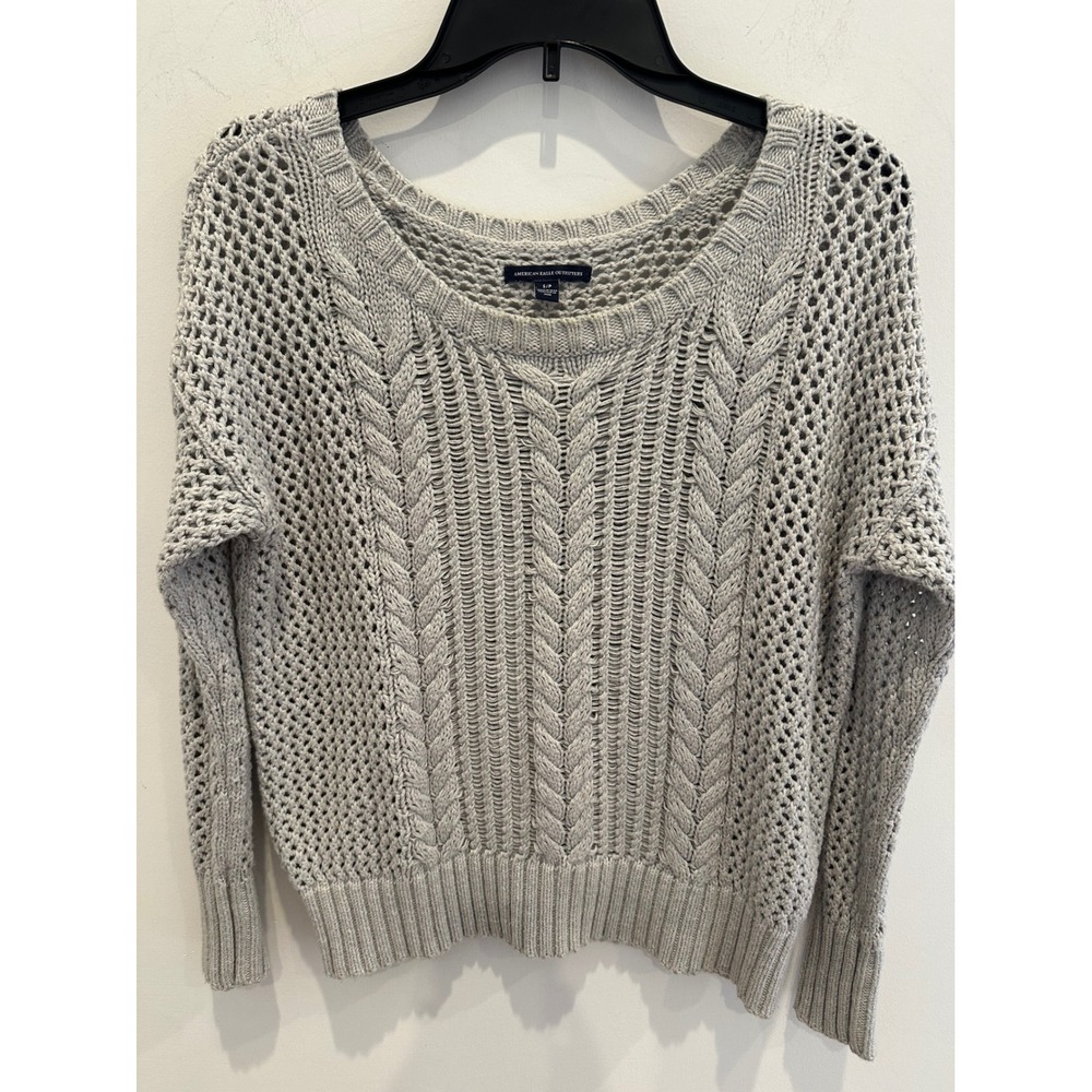 American Eagle Gray Cable Knit Open Weave Crochet Sweater Cotton Blend Sz S